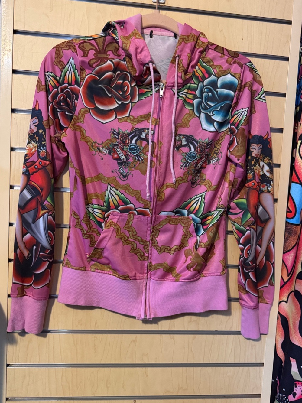Vintage Y2K Ed Hardy Pink Floral & Chain Zip Hoodie Jacket